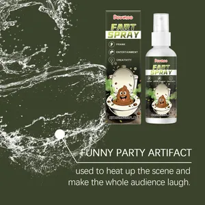 Close-up detail of funny Dowmoo prank fart spray bottle and packaging for party entertainment