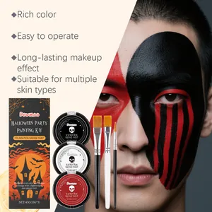 Détails du kit de peinture pour visage Halloween avec 3 couleurs, pinceaux et résultat maquillage.