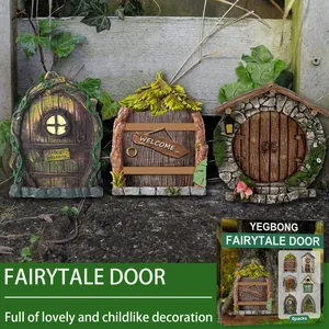 Detail of Yegbong miniature fairytale doors set for garden and tree decoration.