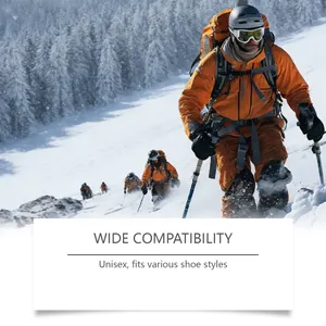 Professional winter crampons displayed in action during a snowy mountain climbing trek