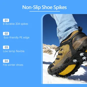 Close-up detail of durable 304 stainless steel ice cleats on winter hiking boots