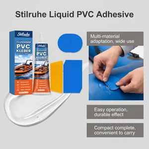 Complete liquid PVC adhesive repair kit shown with blue patches and application demonstration