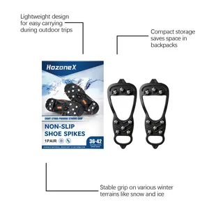 HozoneX 8-stud non-slip ice cleats detail view with packaging and winter features