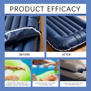 Detail showing before and after repair of inflatable mattress with adhesive kit