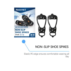 Detail view of HozoneX anti-slip shoe spikes and packaging for outdoor snow use
