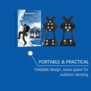 HozoneX winter shoe spikes detail with portable foldable design and 10 steel teeth