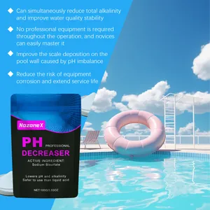 Detail view of HozoneX pool pH decreaser pouch against a sunny swimming pool backdrop