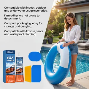 Professional pool repair kit with liquid PVC adhesive and patches in outdoor pool scene