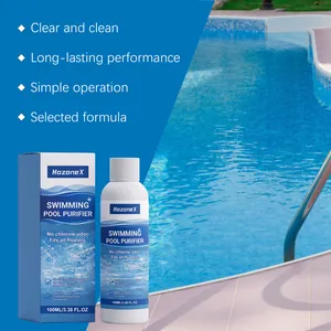 Purificador de agua para piscinas HozoneX botella de 100ml y empaque en escena de piscina