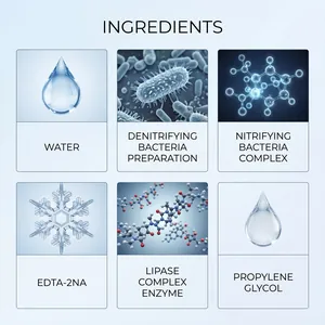 Detailed ingredient list for aquarium water purifier showing nitrifying bacteria and enzymes