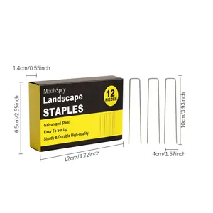 Detail view showing 12-piece galvanized steel landscape staples with full dimensions.