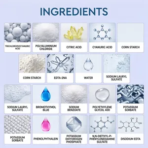 Lista detallada de ingredientes para el kit de limpieza de piscinas con compuestos químicos