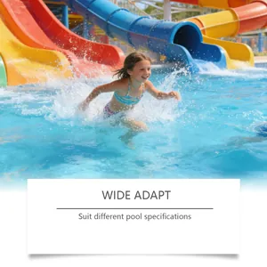 Happy girl playing in a bright blue swimming pool with large colorful water slides for fun