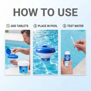 Guía visual sobre el uso de tabletas de cloro y tiras reactivas de agua para piscina