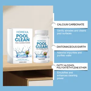 Vista detallada de los ingredientes del limpiador de piscinas HOMEXA para agua clara.