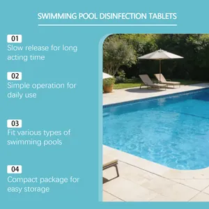 Informational slide for pool disinfection tablets with outdoor swimming pool scene