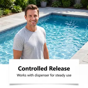 Hombre junto a una piscina cristalina con una función de limpieza controlada eficaz.