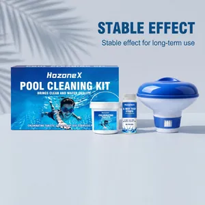 Kit completo HozoneX para piscina con tabletas de cloro, tiras reactivas y dosificador.