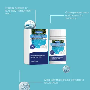 Detailed view of HozoneX pool disinfection tablets in 100g bottle and box packaging