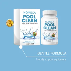 Botella y caja de polvo limpiador de piscina HOMEXA 150g con descripción de fórmula suave