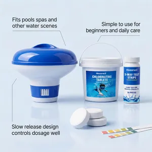 Kit completo de limpieza de piscinas HozoneX con dispensador, tabletas y tiras reactivas