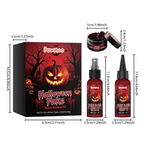 Detailed dimensions of Halloween fake blood kit including spray, paste and drops.