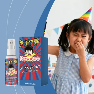 Detailed view of DOWMOO stink spray bottle and box with a girl reacting to smell