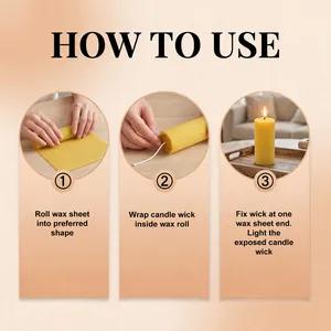 Step-by-step guide showing how to roll honeycomb beeswax sheets into a DIY candle.