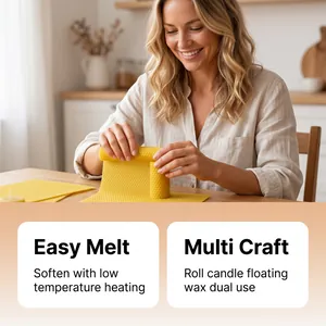 Detail showing a woman rolling yellow honeycomb beeswax sheets for DIY candle making.