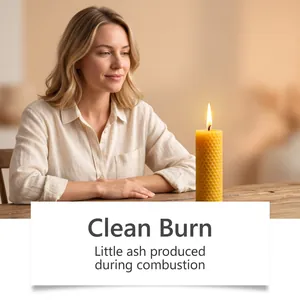 Lit beeswax candle with honeycomb texture showing a clean burning effect display.