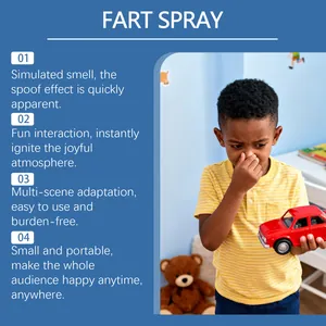 Detail image showing a boy reacting to the strong smell of a prank fart spray gag.