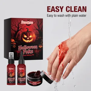 Detailed view of Halloween fake blood makeup kit with easy wash demonstration