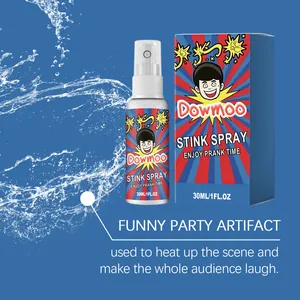 Detail shot of Dowmoo Stink Spray 30ml bottle and colorful comic-style packaging box.