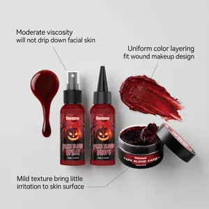 Detail of Halloween fake blood set with spray, drops and paste textures for cosplay.