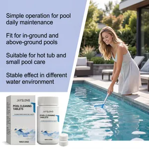 Detaillierte Ansicht der JAYSUING Poolreinigungstabletten mit Anwendung im Pool.