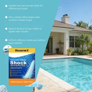 HozoneX pool care shock treatment powder infographic with outdoor swimming pool background