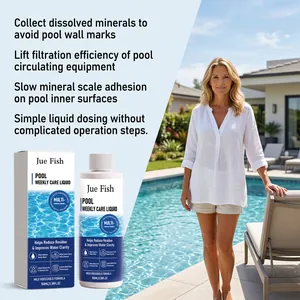 Professional pool water clarifier liquid bottle shown with outdoor swimming pool scene