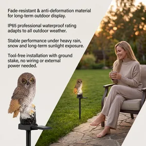 Macro view of a resin solar owl stake light featuring IP65 professional waterproof rating.