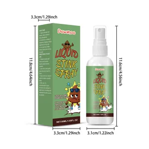 Close-up showing detailed dimensions for Dowmoo liquid stink spray bottle and box.
