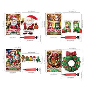 Dimensiones detalladas de los sets de globos navideños con Papá Noel, corona y bomba.