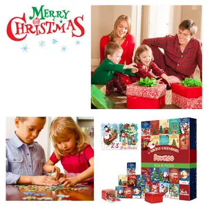 Détail du puzzle calendrier de l'Avent Dowmoo avec des scènes familiales de Noël festives