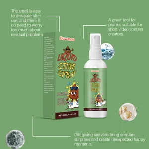 Detailed view of DOWMOO liquid stink spray prank gift set with feature descriptions.