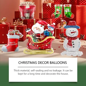 Detalle de globos navideños festivos con diseños de Papá Noel, muñeco de nieve y calcetines.