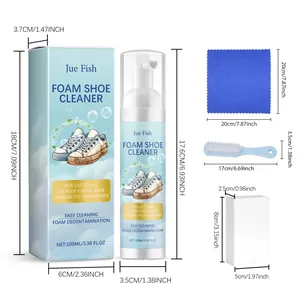 Detailed dimensions of Jue Fish foam shoe cleaner kit with brush and cleaning sponge