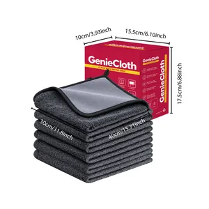 Detailed view of grey microfiber cloths showing size specifications and packaging