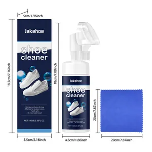 Detailed dimensions of shoe cleaner set including foam bottle, box and cloth.