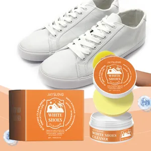Macro view of Jaysuing white shoes cleaner jar with sponge and original packaging box