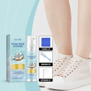 Jue Fish foam shoe cleaner kit including brush, sponge, and towel for white sneakers