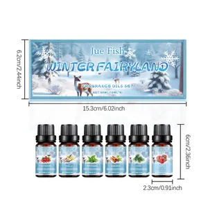 Detailed view of winter fragrance oil set dimensions including box and 6 scent bottles