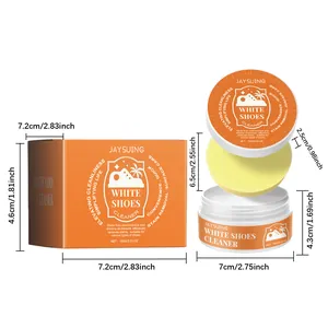 Dimensions and components of white shoe cleaner paste including jar sponge and box